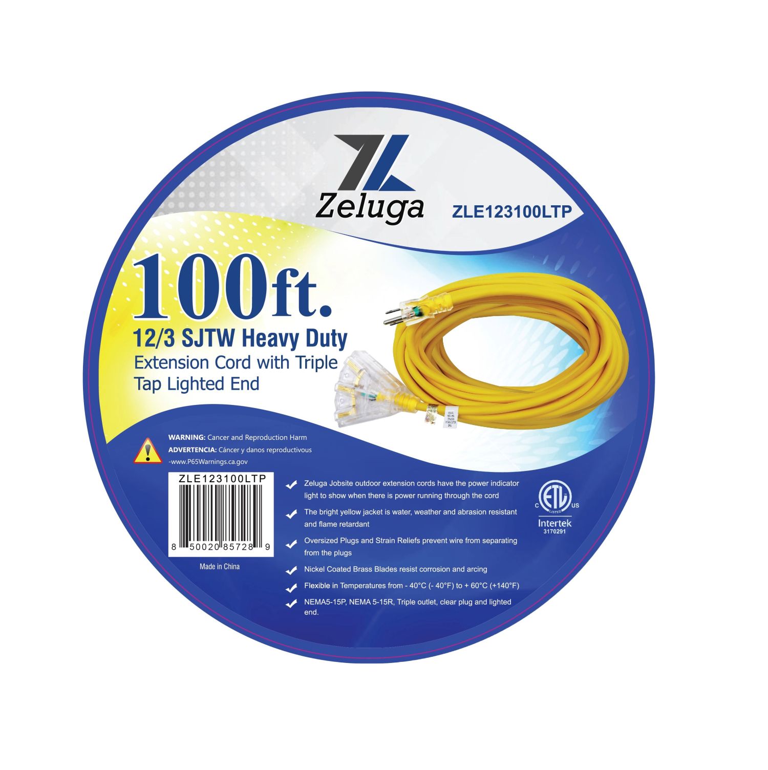 12-304 100ft. 12/3 SJTW Heavy Duty Extension Cord with Triple Tap