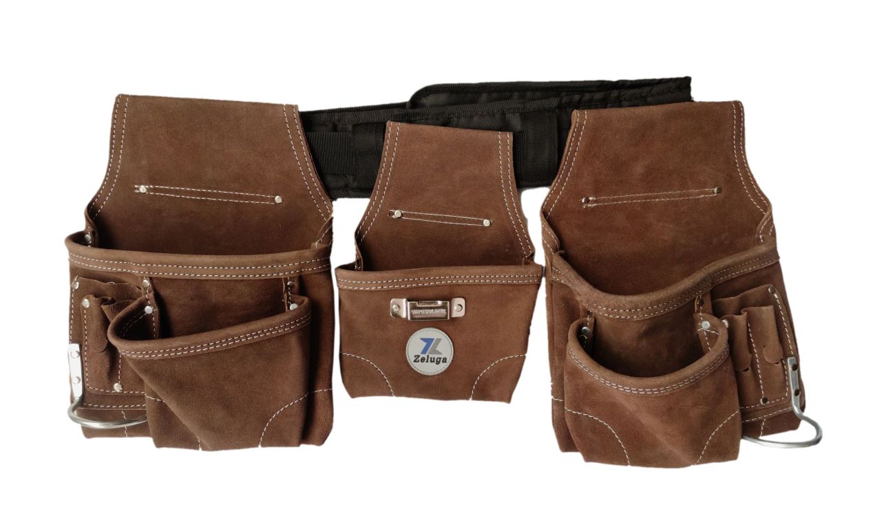 20-119 11 Pocket Rigger Heavy Duty Leather Tool Bag Kit, Brown
