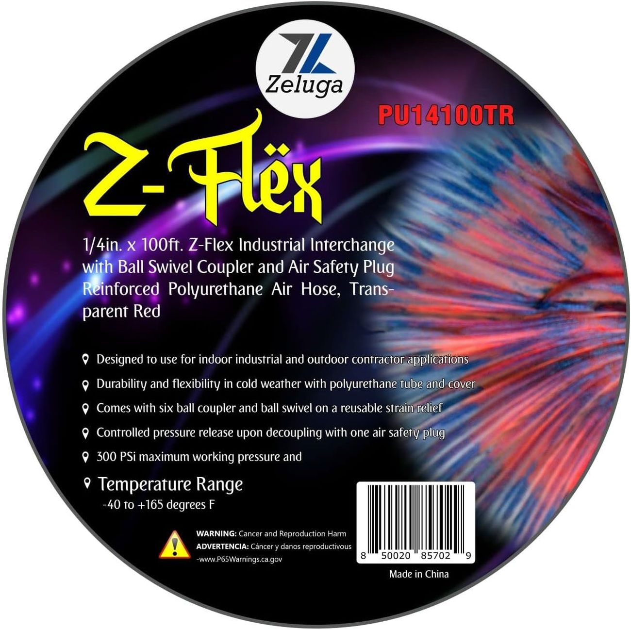 21-305 1/4in. x 100ft. Z-Flex Industrial Interchange with Ball Swivel Coupler and Air Safety Plug Reinforced Polyurethane Air Hose 300 PSI, Transparent Red